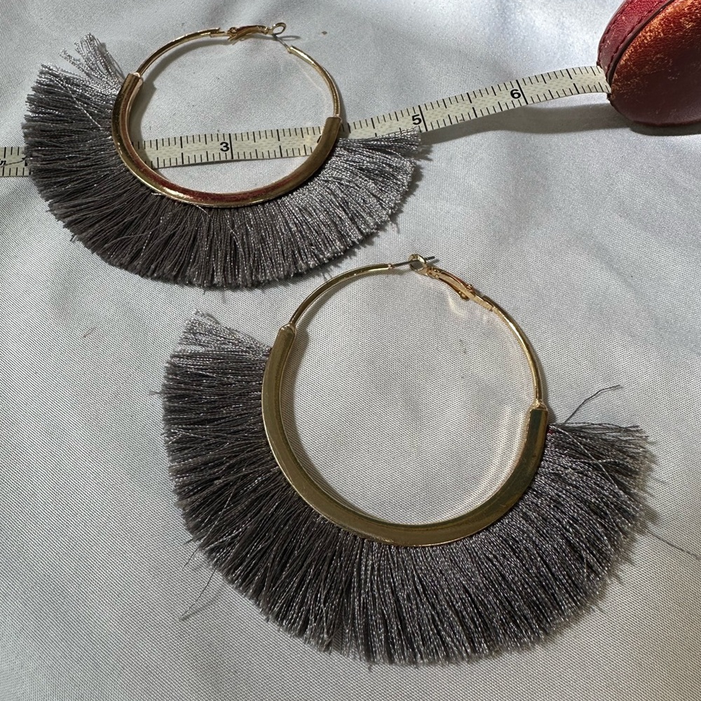 Large goldtone silver gray fringe hoop earrings